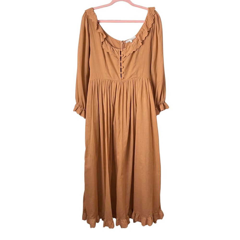 Kara Thoms Dress Womens Large Terracotta Audrey Puff Sleeve Cotton Midi Cottage